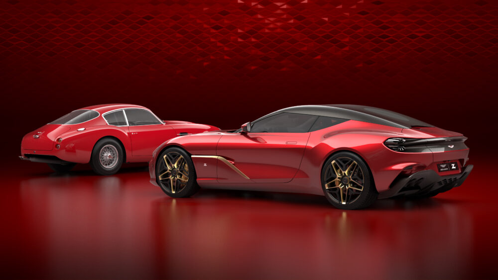 アストンマーティンが公開した「DBS GT ザガート」(画像右)と左のクラシックなスポーツカーは復刻生産される「DB4 ザガート」の画像。